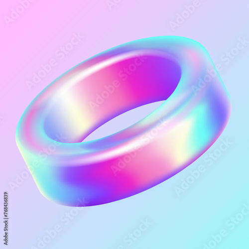 Holographic ring geometric shape realistic vector illustration. Shiny iridescent ring trendy design. Glossy 3d object on purple background