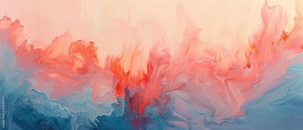   An abstract artwork featuring blue, pink, and orange hues against a backdrop of pink and blue, framed in white
