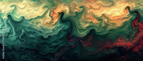  A colorful abstract painting on a black canvas, featuring green, red, and yellow hues with dynamic brush strokes and swirls