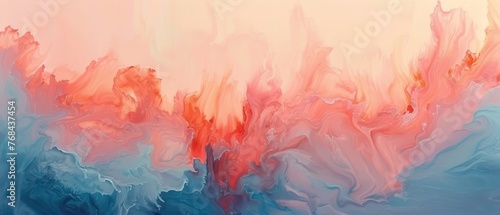  An abstract artwork featuring blue, pink, and orange hues against a backdrop of pink and blue, framed in white