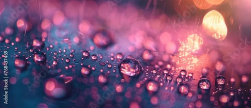   Close-up of water droplets on a surface with hazy background lighting and a hazy bokeh of distant illumination