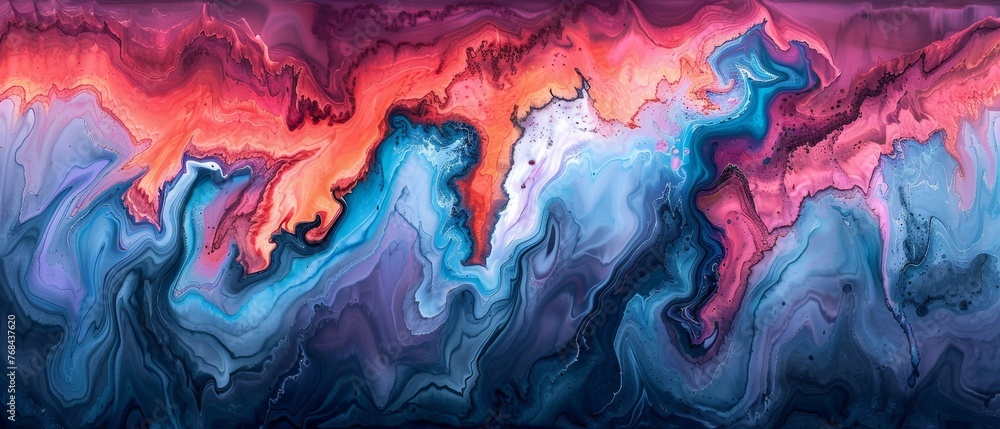   An abstract artwork featuring blue, pink, orange hues on a dark canvas with a red and blue swirl