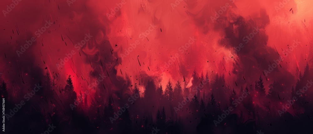   A depiction of a red sky featuring trees in the foreground and clouds in the background, with a complementary red sky in the backdrop