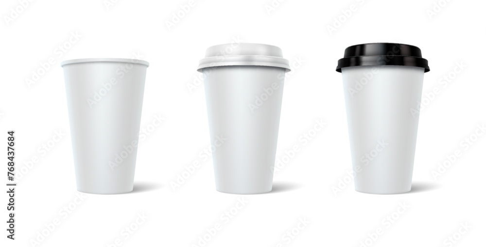 Disposal cups with copy space 3d realistic vector illustration set. Hot drinks mugs design template. Take away service on white background Disposal cups with copy space 3d realistic vector illustration set. Hot drinks mugs design template. Take away service on white background