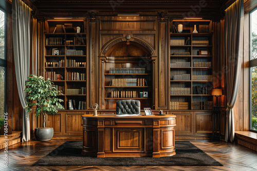 luxury wooden office with bookshelves and desk, classical interior design style. Created with Ai photo