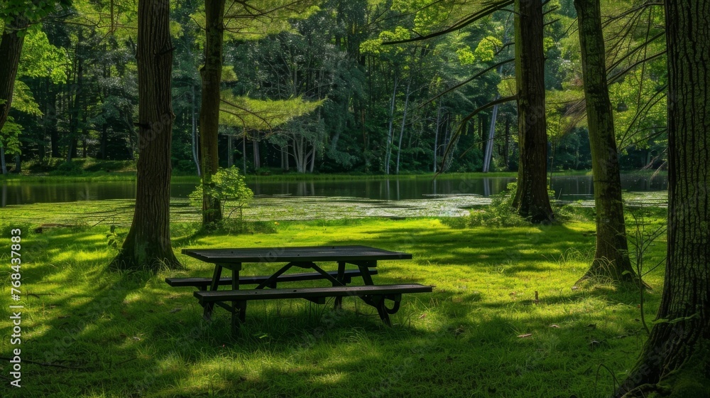 A scenic picnic spot shaded by tall trees now overshadowed by large s of bright green algae taking away from its peaceful and serene atmosphere. A scenic picnic spot shaded by tall trees now overshadowed by large s of bright green algae taking away from its peaceful and serene atmosphere.