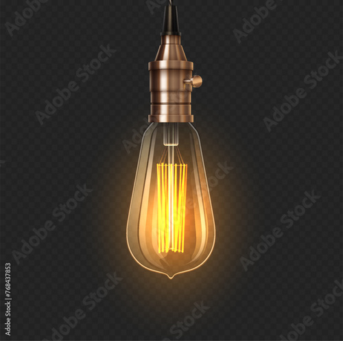 Glowing vintage lightbulb 3d realistic vector illustration. Turn on incandescent lamp design. Electric lantern on transparent background