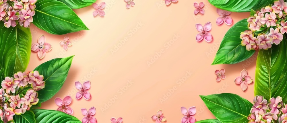  A pink background featuring green leaves and pink flowers, perfect for displaying text or images