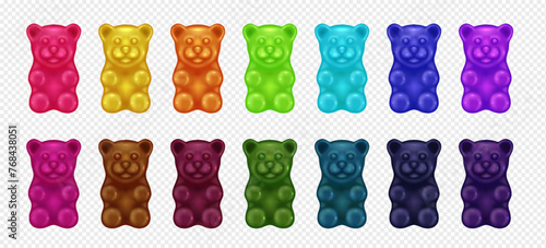 Gummy bears of different tastes 3d realistic vector illustration set. Chewing vitamins creative design. Candy animals on transparent background