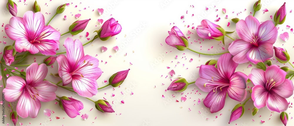 A close-up of pink flowers on a white background, adorned with pink confetti at the base of the photo A close-up of pink flowers on a white background, adorned with pink confetti at the base of the photo