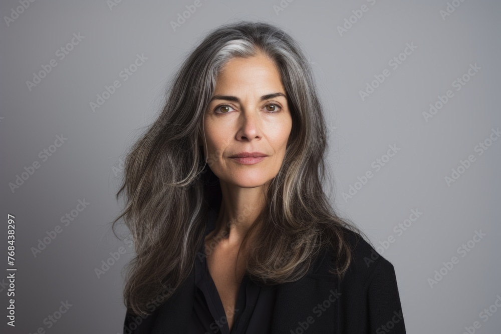 Portrait of a beautiful mature woman with long gray hair on a gray background Portrait of a beautiful mature woman with long gray hair on a gray background