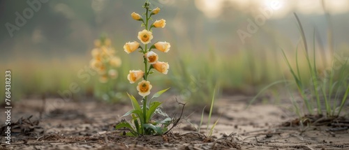   A close-up of a yellow flowered plant amidst a grassy, dirt background