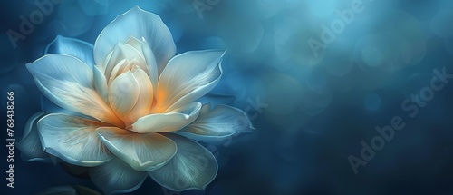  A white flower against a blue background, illuminated by a diffuse light source