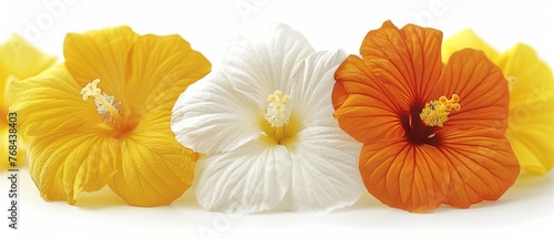  A white and orange flower arrangement featuring a group of flowers positioned in its center on a white background