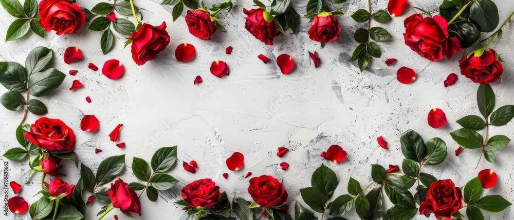Red roses arranged on a white background with green foliage on the petals Red roses arranged on a white background with green foliage on the petals