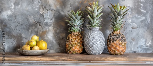   Three pineapples  a lemon bowl  and a lime bowl rest on a shelf