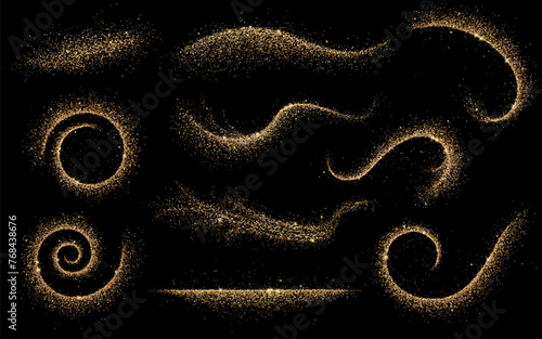 Shiny golden glitter patterns realistic vector illustration set. Brilliant fairy dust trails 3d elements on black background collection