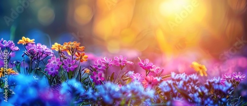  A vibrant field of blossoms bathed in sunlight as it filters through the foliage behind the scene