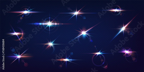 Color light flashes realistic vector illustration set. Glowing sparks in deep space 3d elements on transparent background. Sci-fi template