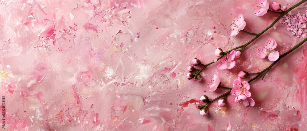 A pink flower painting on a pink backdrop with a splash of paint in the lower half A pink flower painting on a pink backdrop with a splash of paint in the lower half