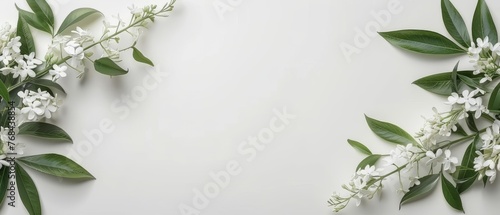  A field of white flowers surrounded by lush greenery on a stark white background provides an ideal canvas for adding text or images