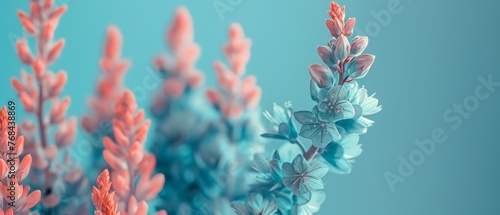  A high-resolution close-up of vibrant pink and blue flowers set against a blue backdrop, with sharp focus and clear details