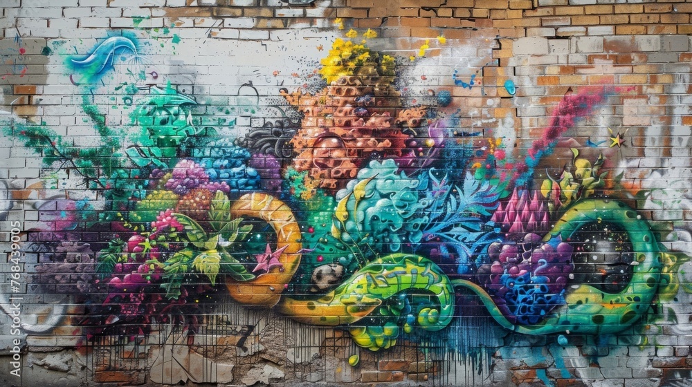 Adorning a brick wall in a downtown district a colorful and abstract graffiti piece incorporates elements of nature and urban decay to symbolize the relationship between humanity