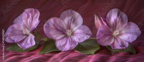  Three pink flowers rest atop a pink cloth-covered bed beside a green, leafy plant