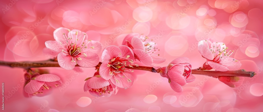   A close-up of a tree's branch adorned with pink flowers against a pink background, with blurred light in the background