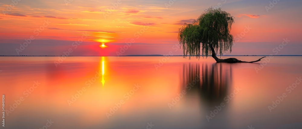   A solitary tree stands amidst a vast expanse of water as the sun sets beyond the horizon