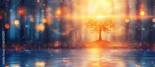  A stunning depiction of an island tree surrounded by water, bathed in glowing light