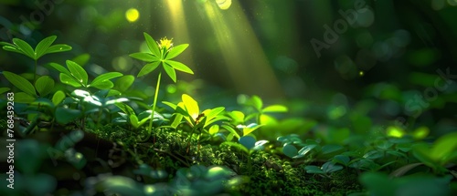  A close-up photo of a tiny green plant sitting atop a mossy surface under dappled sunlight from surrounding trees