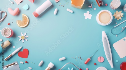 paper style, healthcare background with an empty space in the middle for text or product presentation, mint green, 16:9