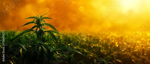  A marijuana plant standing alone amidst a sea of green grass, bathed in the warm glow of sunlight filtering through the leafy canopy behind it