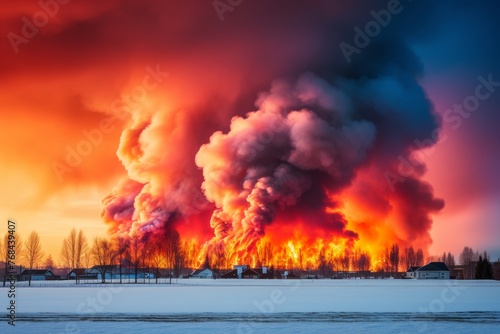 Forest fire in winter, emergency situation. Copy space