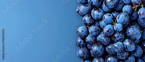   A high-resolution photograph showcasing a cluster of vibrant purple grapes against a bright blue canvas, with an expansive azure sky fading into the horizon