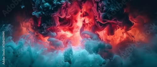  An abstract depiction featuring red, white, and blue smoke against a black backdrop with a centralized red accent