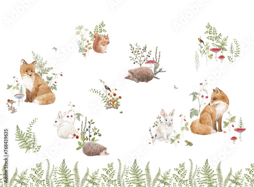 Large size wall mural with hand drawn watercolor forest animals and plants. Stock illustration.