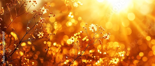  A photo of a flower field, with close-up shots of individual blooms lit by the sun's rays