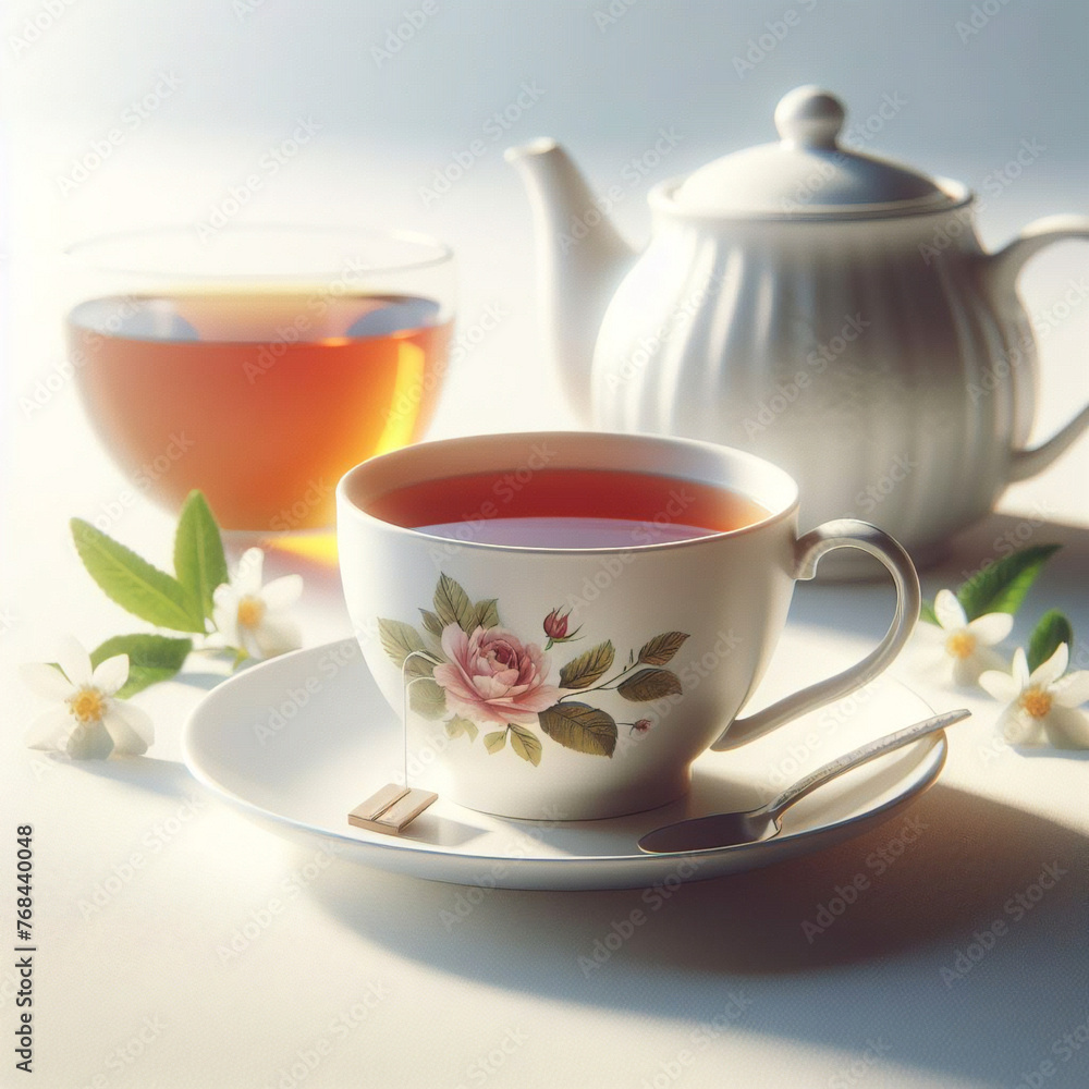 Taza de té caliente aislado sobre fondo blanco.