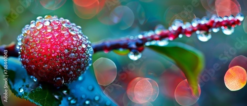  A red berry atop a green leaf with droplets, beside red-green leaves