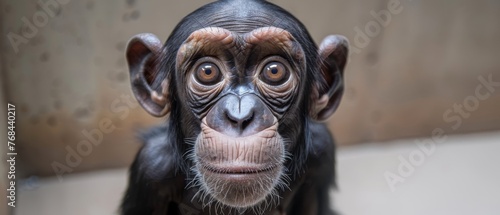   A photo of a monkey's face with surprise, set against a wooden backdrop © Jevjenijs