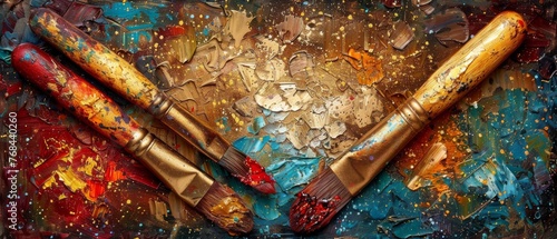  A close-up of three paintbrushes - two gold and one red - on a blue canvas