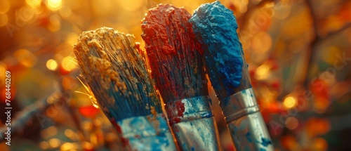  Three distinctly hued brushes closely captured against a hazy backdrop of red, white, and blue