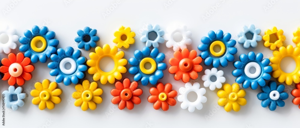   Row of colorful plastic flowers on white surface with holes