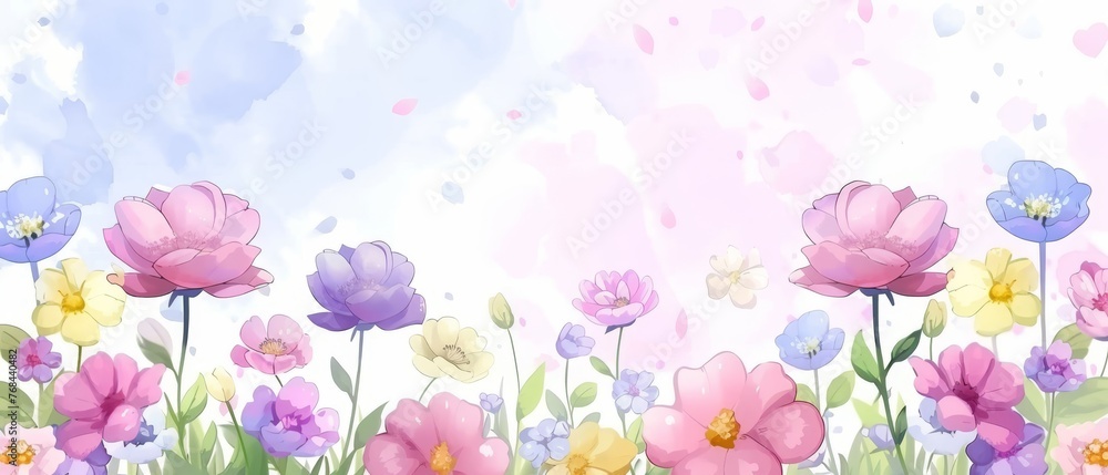 A painting depicts a field of flowers beneath a blue sky and a pink sky above A painting depicts a field of flowers beneath a blue sky and a pink sky above