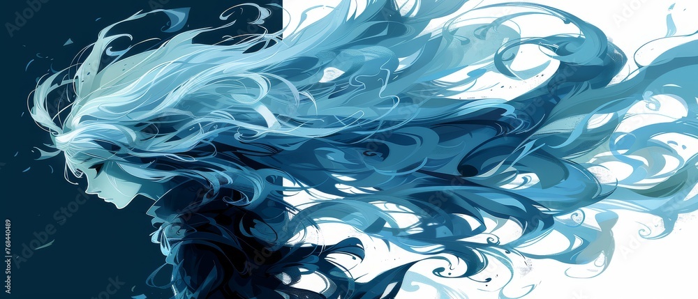 A digital painting of a woman's head with blue and white swirls on one side of her hair A digital painting of a woman's head with blue and white swirls on one side of her hair