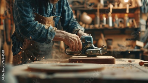 Carpenter sanding wood piece with sander and building handmade furniture piece in workshop photo