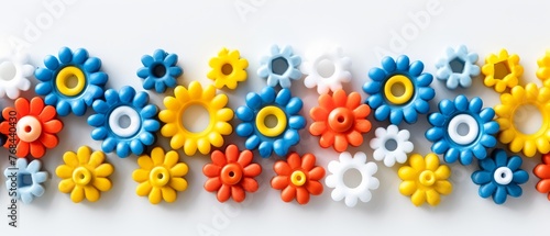   Row of colorful plastic flowers on white surface with holes