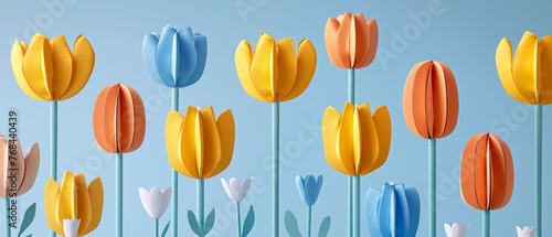  A variety of colorful paper flowers on a blue background against a blue sky in the distance